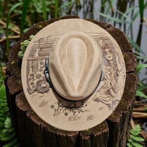 Hand Burned Tan Fedora Hat With A Hippie, Boho Vibe. Wanderlust.